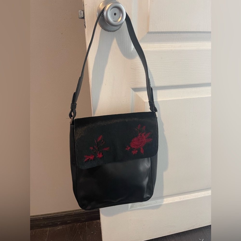 Silver, blue black leather bag with horse hair and floral embroidery